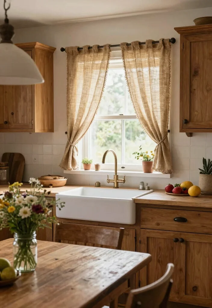 17 Shabby Chic Kitchen Curtains Ideas With Vintage Flair - 3. Rustic Burlap Curtains 1