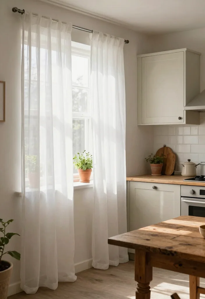 17 Shabby Chic Kitchen Curtains Ideas With Vintage Flair - 5. Simple White Sheers 1