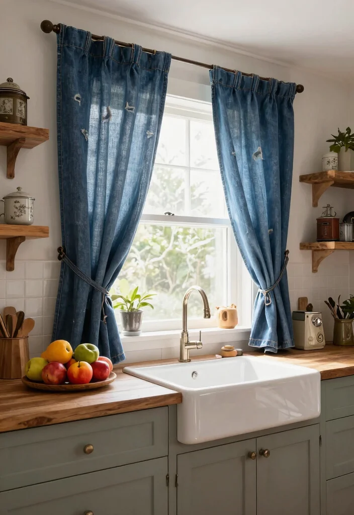 17 Shabby Chic Kitchen Curtains Ideas With Vintage Flair - 7. Distressed Denim Fabric 1