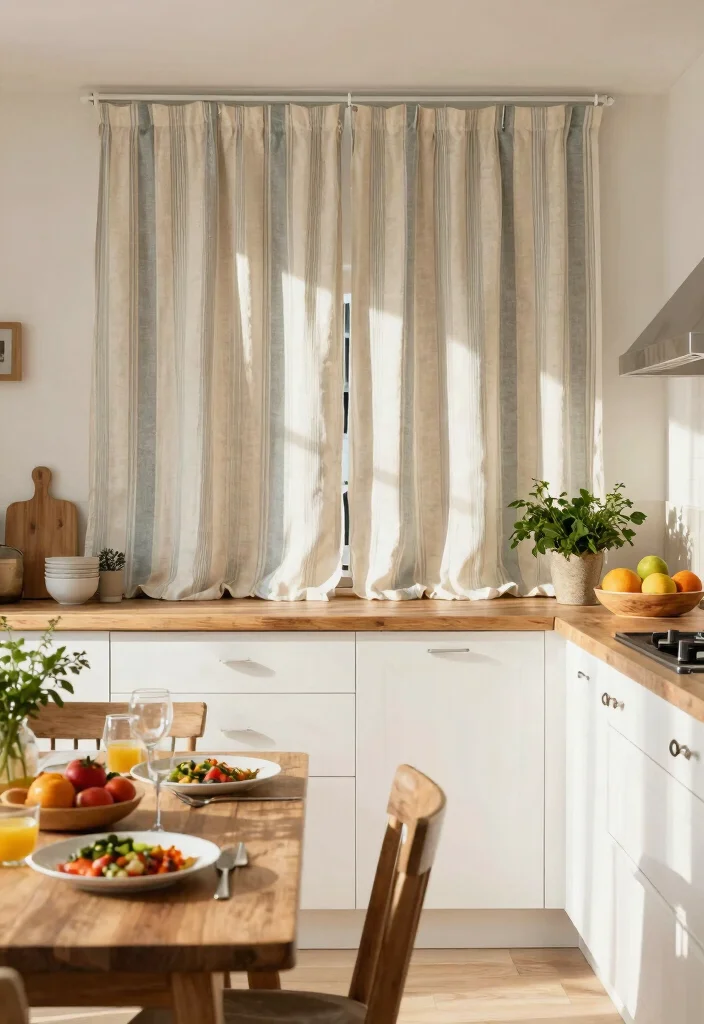 17 Shabby Chic Kitchen Curtains Ideas With Vintage Flair - 8. Striped Linen Panels 1