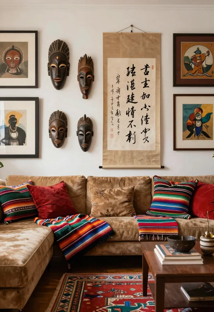 18 Artwork for Living Room Wall Art Ideas That Impress Guests - 9. Cultural Fusion 1