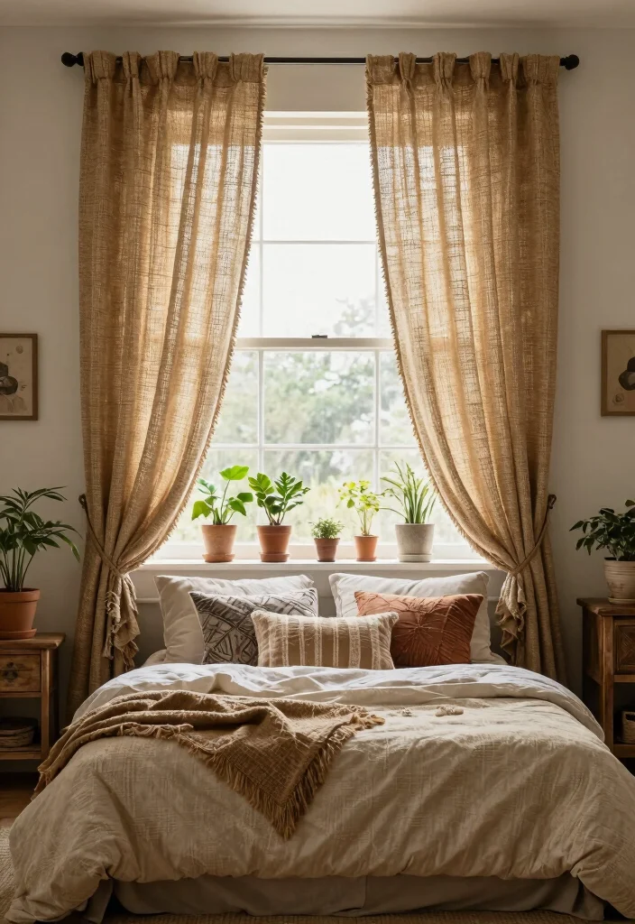 18 Boho Bedroom Curtains Ideas With Free Spirited Style - 12. Rustic Burlap Curtains 1