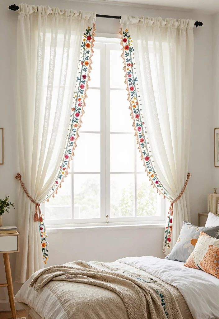 18 Boho Bedroom Curtains Ideas With Free Spirited Style - 16. Floral Embroidered Curtains 1