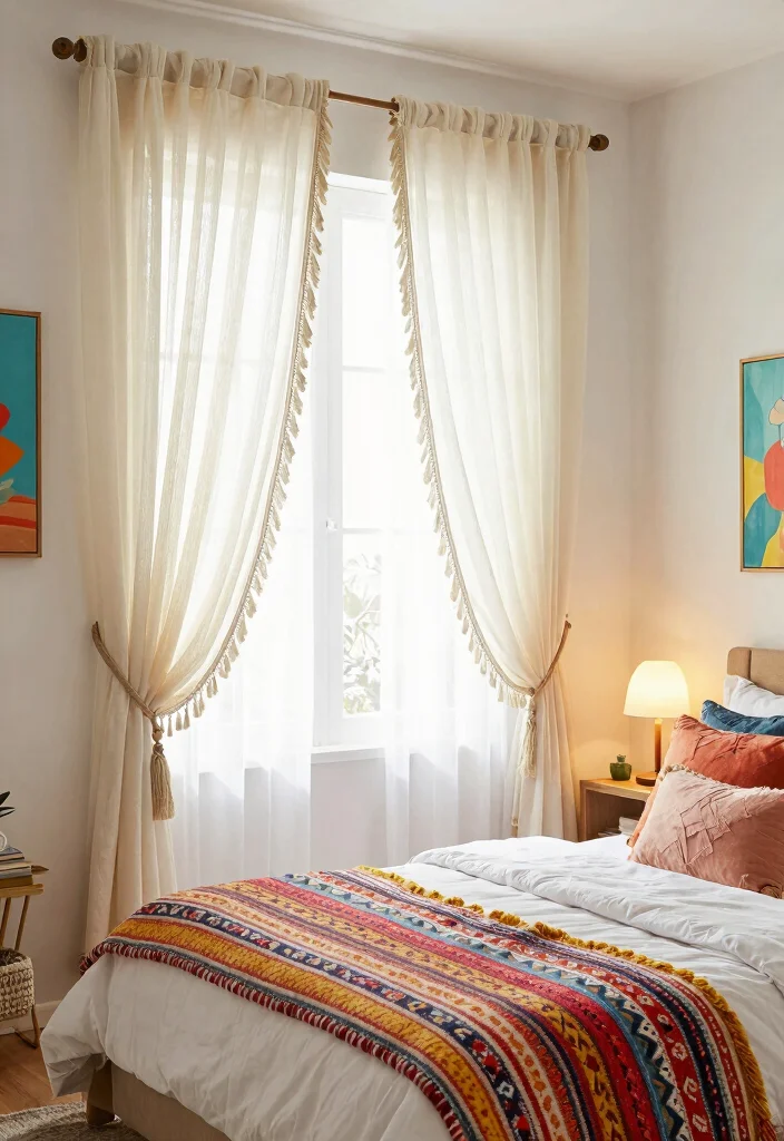 18 Boho Bedroom Curtains Ideas With Free Spirited Style - 5. Tasseled Boho Curtains 1