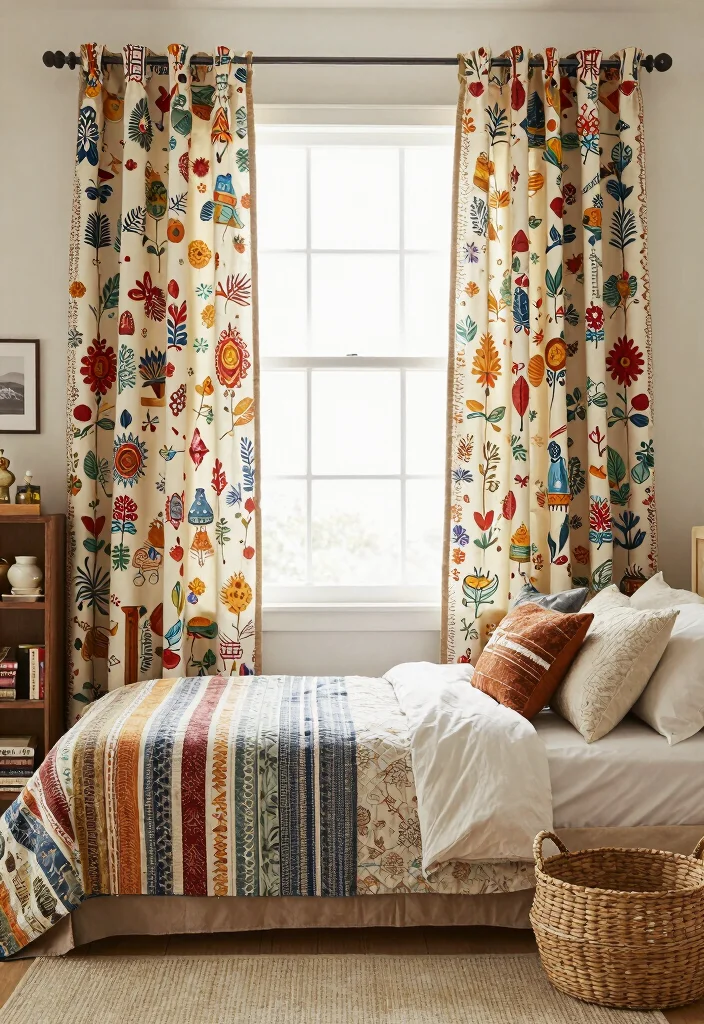 18 Boho Bedroom Curtains Ideas With Free Spirited Style - 6. Vintage Folk Art Prints 1