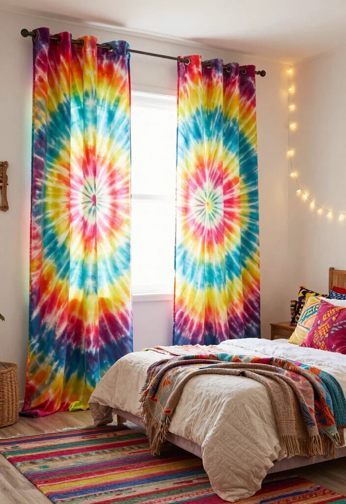18 Boho Bedroom Curtains Ideas With Free Spirited Style - 7. Bright Tie-Dye Curtains 1