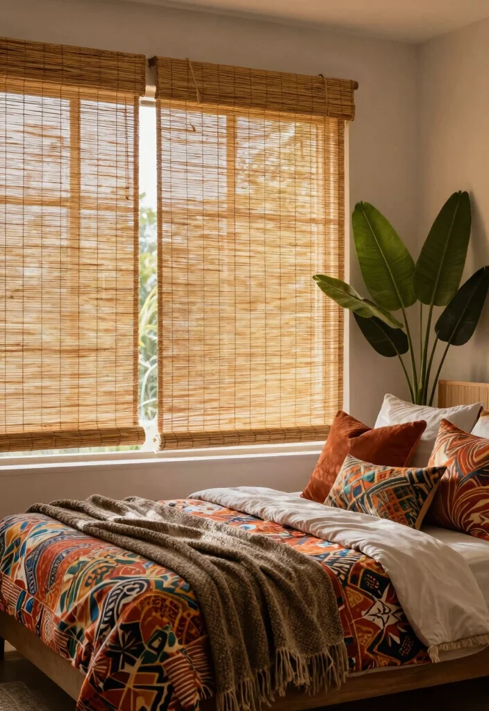 18 Boho Bedroom Curtains Ideas With Free Spirited Style - 9. Woven Bamboo Shades 1