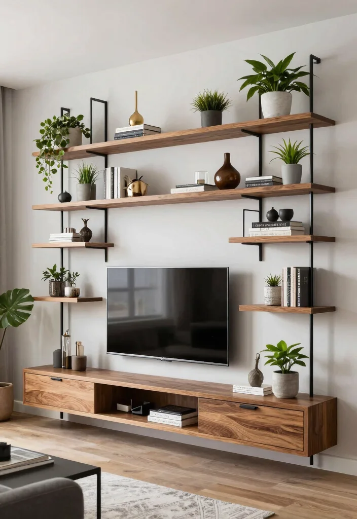 18 Floating Shelf TV Wall Ideas That Look Sleek & Modern - 1. Multi-Level Floating Shelves 1