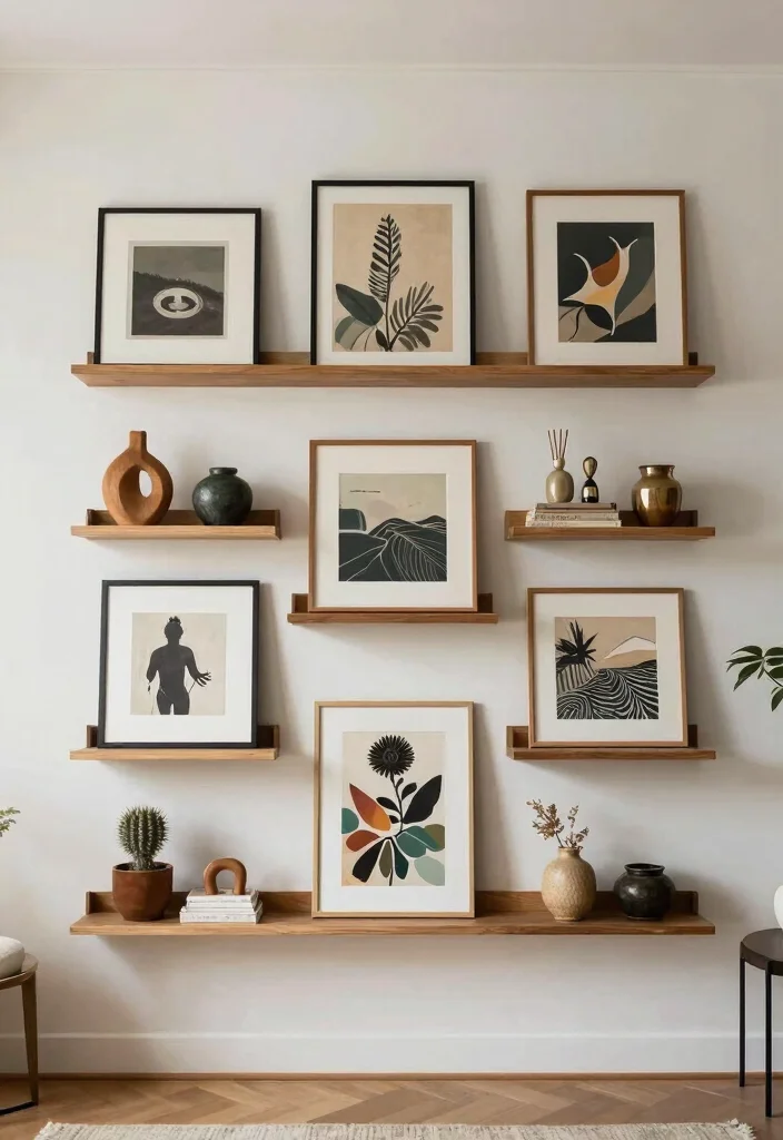 18 Floating Shelf TV Wall Ideas That Look Sleek & Modern - 15. Artistic Floating Shelf Compositions 1