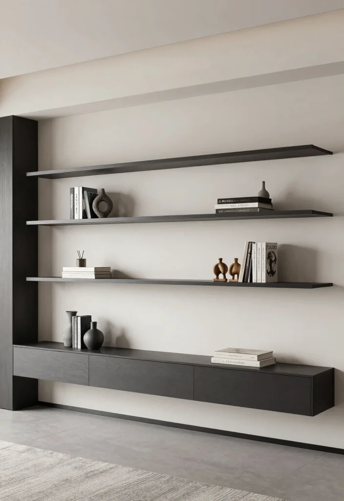 18 Floating Shelf TV Wall Ideas That Look Sleek & Modern - 16. One-Color Floating Shelf System 1