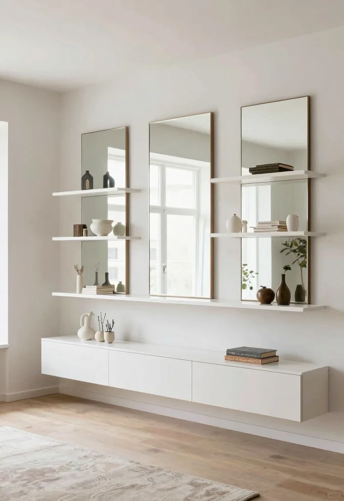 18 Floating Shelf TV Wall Ideas That Look Sleek & Modern - 17. Floating Shelf with Mirrors 1