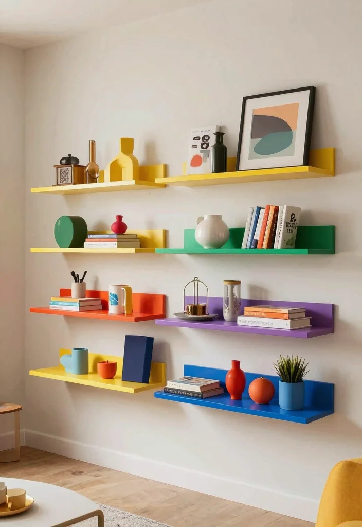 18 Floating Shelf TV Wall Ideas That Look Sleek & Modern - 18. Colorful Floating Shelves 1