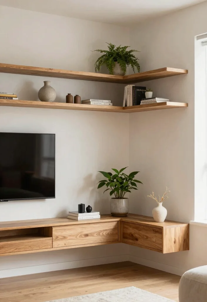 18 Floating Shelf TV Wall Ideas That Look Sleek & Modern - 2. Corner Floating Shelf Design 1