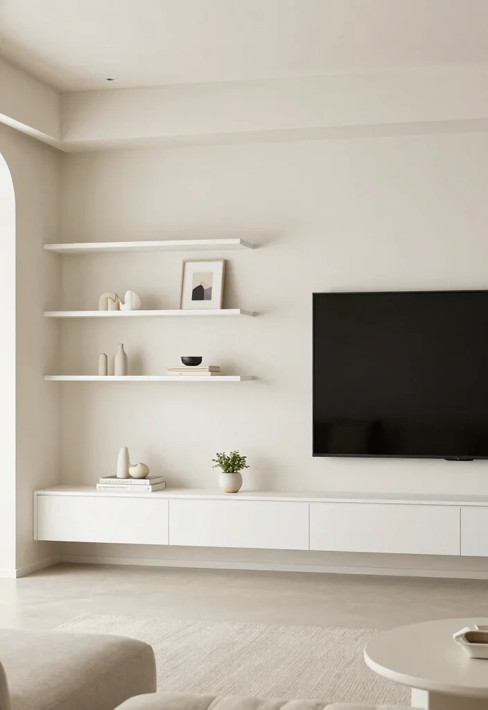 18 Floating Shelf TV Wall Ideas That Look Sleek & Modern - 3. Minimalist White Shelves 1