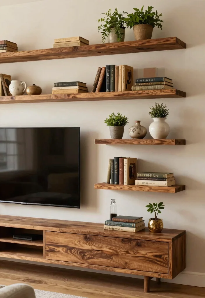 18 Floating Shelf TV Wall Ideas That Look Sleek & Modern - 4. Rustic Wood Shelves 1