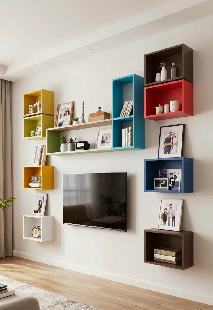 18 Floating Shelf TV Wall Ideas That Look Sleek & Modern - 6. Vertical Shelving Arrangement 1