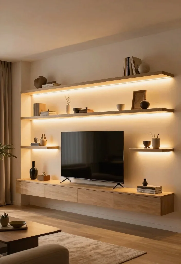 18 Floating Shelf TV Wall Ideas That Look Sleek & Modern - 7. Shelves with Integrated LED Lighting 1