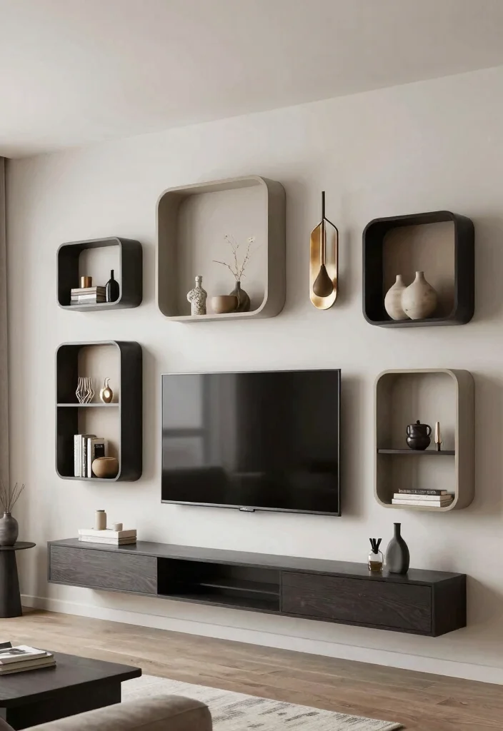 18 Floating Shelf TV Wall Ideas That Look Sleek & Modern - 8. Geometric Floating Shelves 1