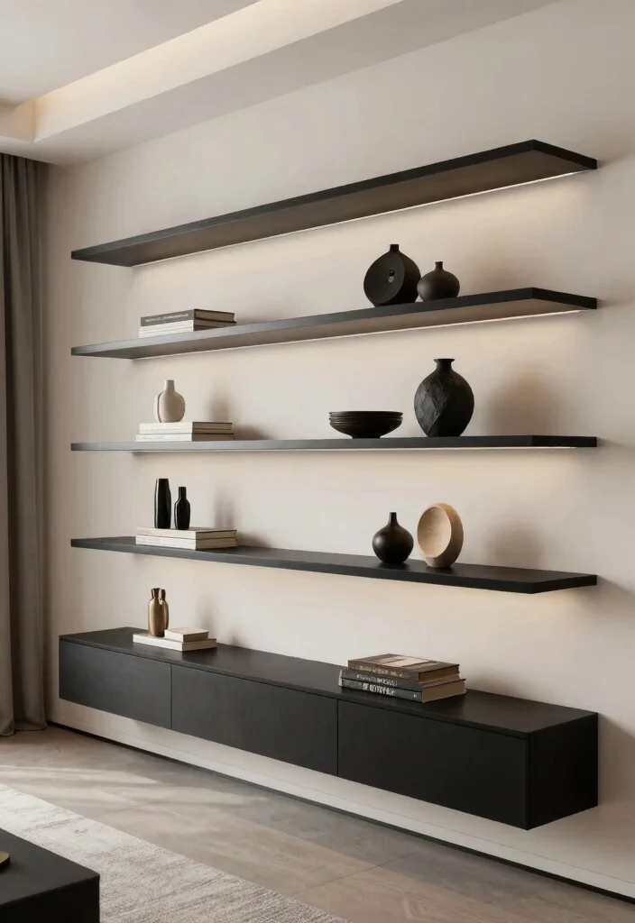 18 Floating Shelf TV Wall Ideas That Look Sleek & Modern - 9. Sleek Black Floating Shelves 1