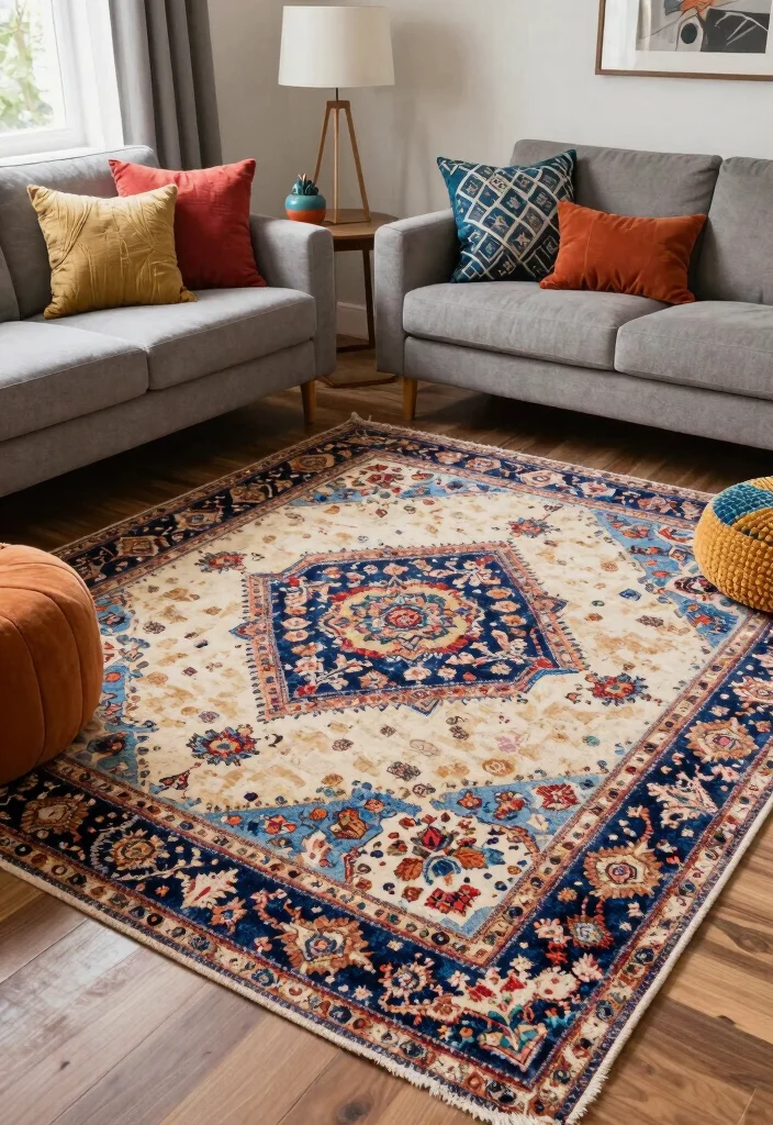 18 Rug on Top of Carpet Living Room Ideas That Actually Work 32 18 Rug on Top of Carpet Living Room Ideas That Actually Work - 12. Unexpected Combinations 1