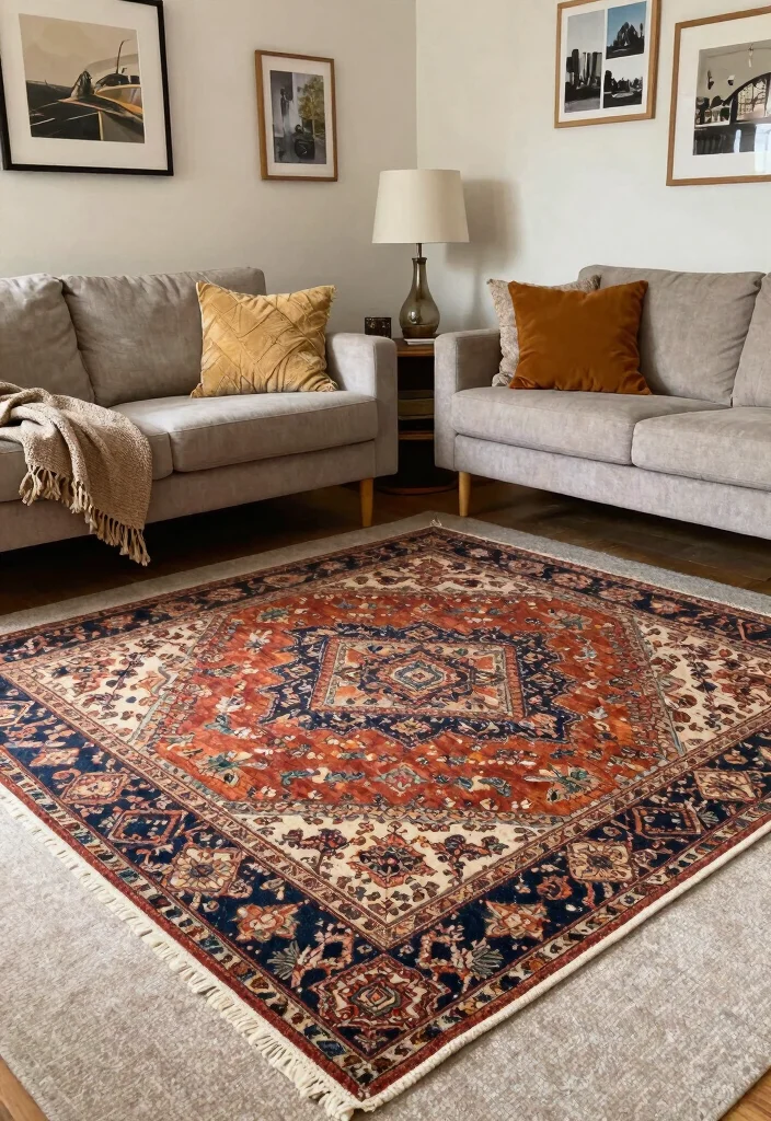 18 Rug on Top of Carpet Living Room Ideas That Actually Work 17 18 Rug on Top of Carpet Living Room Ideas That Actually Work - 7. Layering with Vintage Finds 1