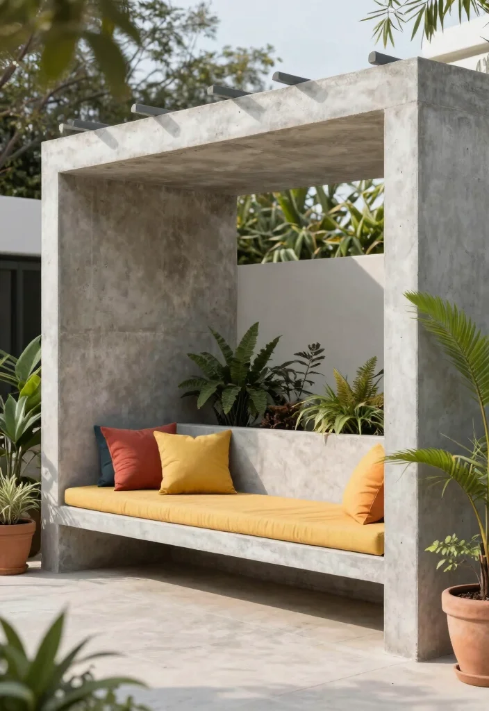 14 Concrete Pergola Ideas With Modern Edge 13 14 Concrete Pergola Ideas With Modern Edge - 3. Integrated Seating 1