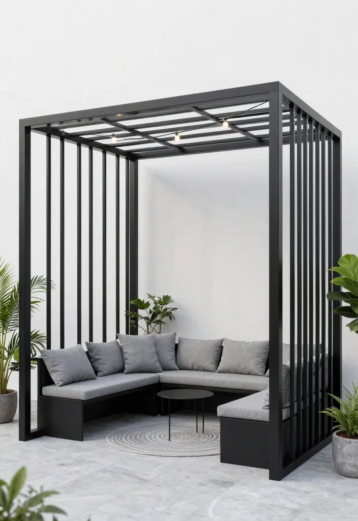 14 Small Pergola Ideas That Maximize Compact Spaces 2 14 Small Pergola Ideas That Maximize Compact Spaces - 2. Minimalist Metal Pergola 1