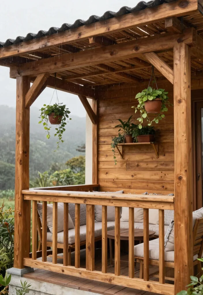 15 Balcony Covering Ideas From Rain That Still Look Chic - 10. Wooden Slatted Roofs for Rustic Charm 1