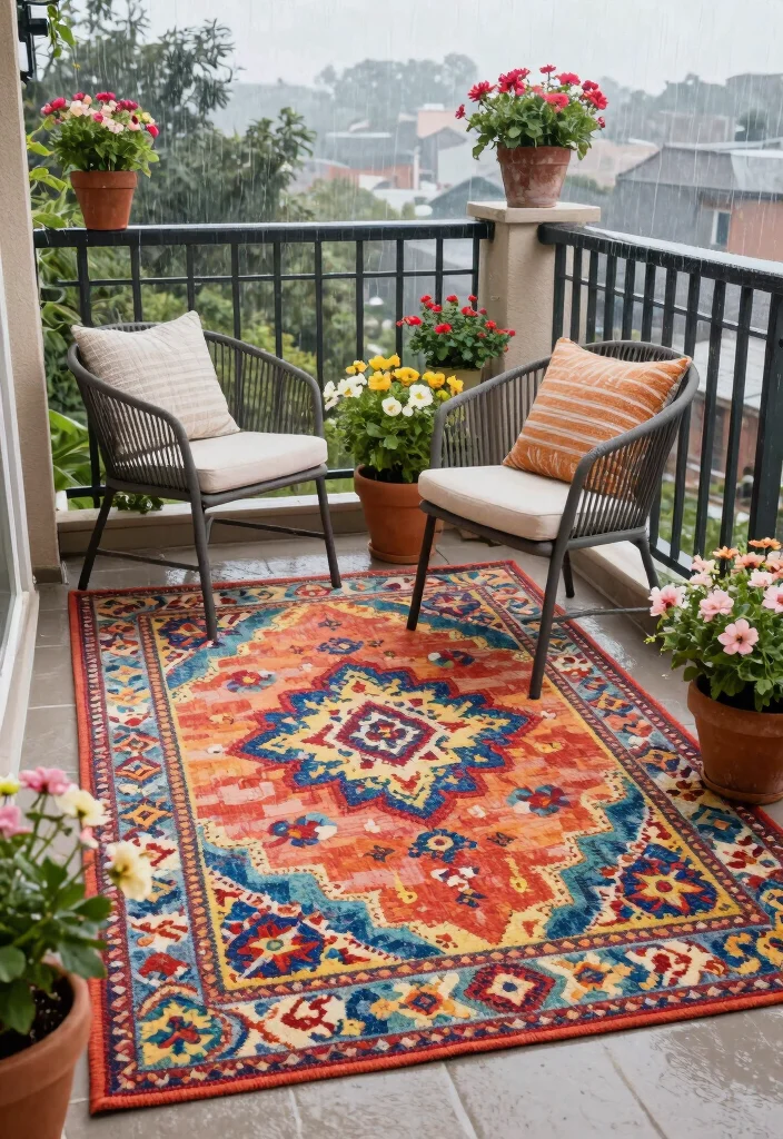 15 Balcony Covering Ideas From Rain That Still Look Chic - 12. Chic Indoor-Outdoor Rugs for Added Comfort 1