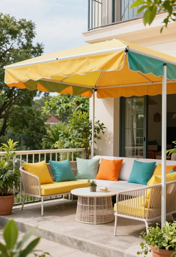 15 Balcony Covering Ideas From Rain That Still Look Chic - 13. Vibrant Outdoor Furniture Canopies 1