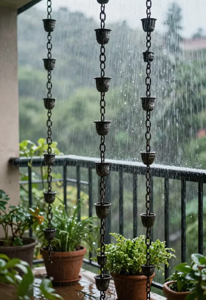 15 Balcony Covering Ideas From Rain That Still Look Chic - 14. Stylish Rain Chains for a Decorative Touch 1