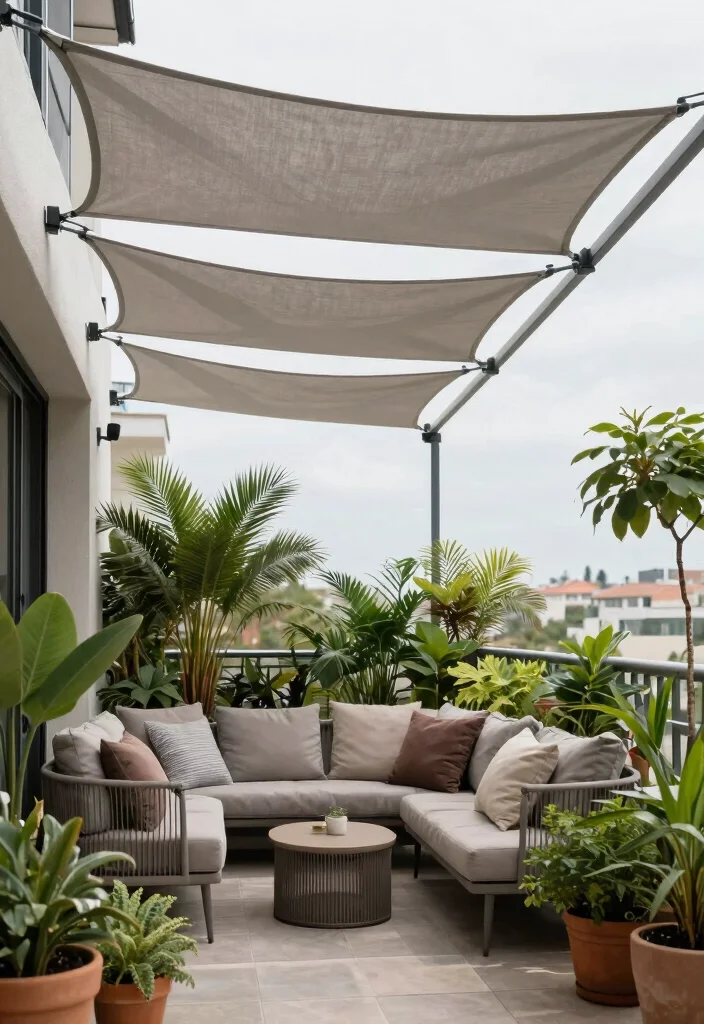 15 Balcony Covering Ideas From Rain That Still Look Chic - 9. Modern Sun Shade Sails for Artistic Elegance 1