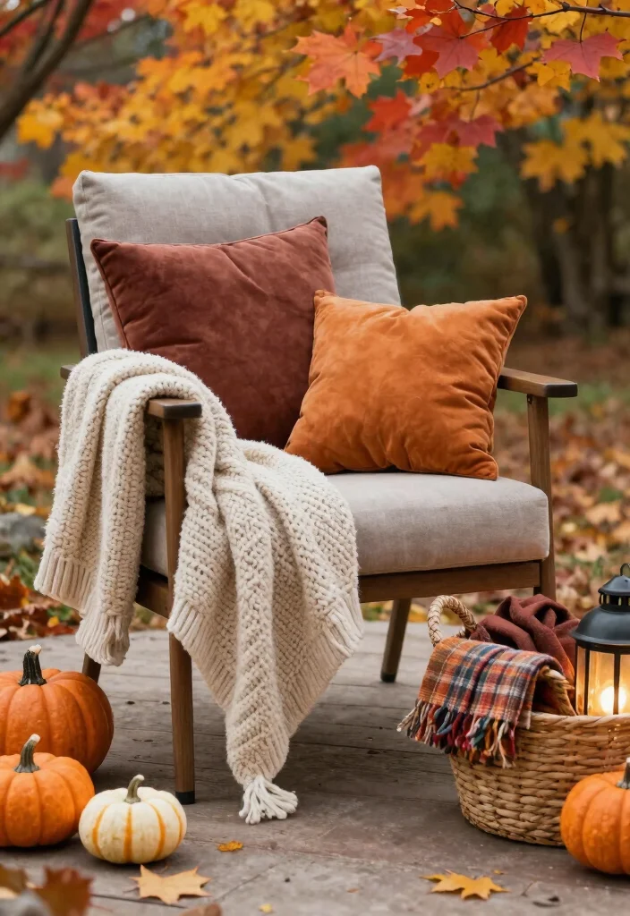 15 Fall Patio Decorating Ideas That Capture Autumn Vibes - 1. Cozy Blankets and Cushions 1