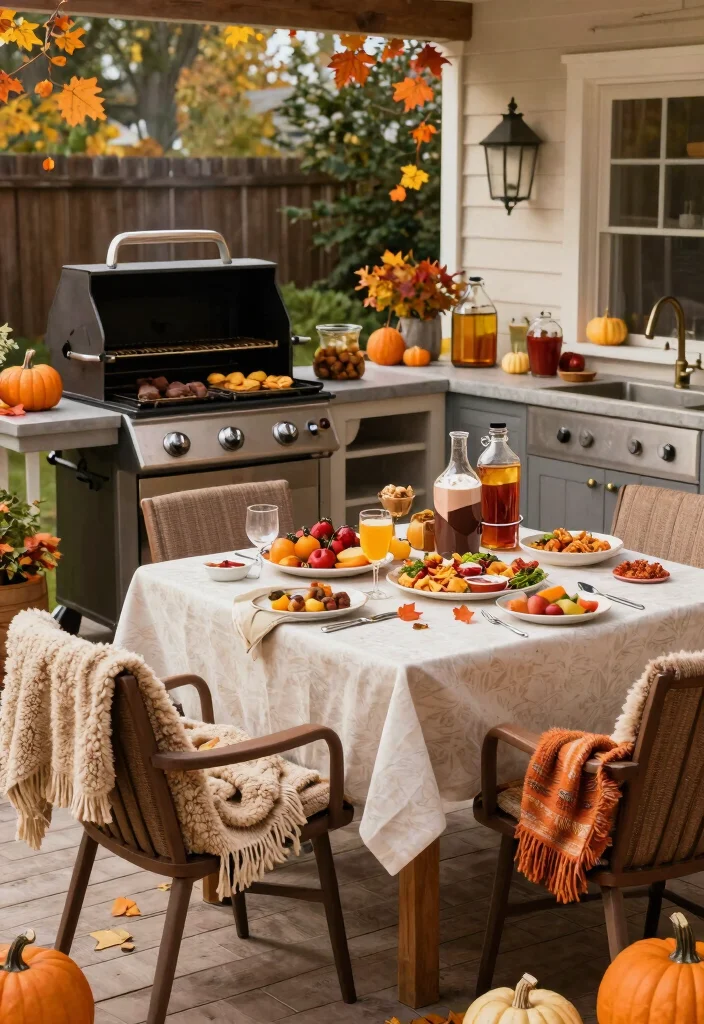 15 Fall Patio Decorating Ideas That Capture Autumn Vibes - 11. Cozy Outdoor Kitchen Setup 1