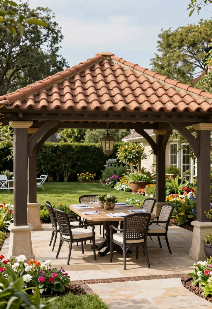 15 Pergola Cover Ideas Waterproof & Stylish 17 15 Pergola Cover Ideas Waterproof & Stylish - 7. Tiled Roof Pergola 1