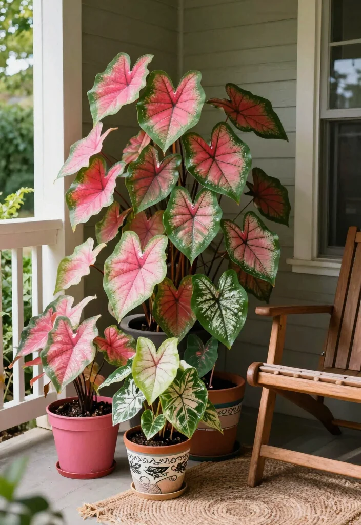 15 Shade Porch Planter Ideas for a Cool Green Touch 13 15 Shade Porch Planter Ideas for a Cool Green Touch - 3. Colorful Caladiums for a Bright Pop 1