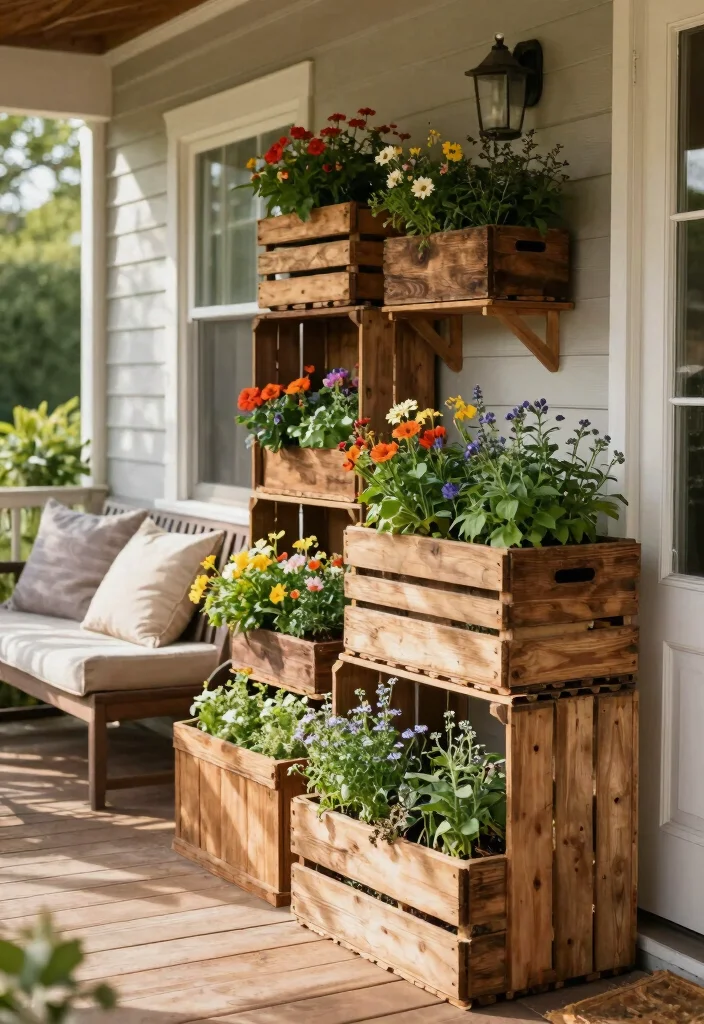 15 Shade Porch Planter Ideas for a Cool Green Touch 39 15 Shade Porch Planter Ideas for a Cool Green Touch - 9. Rustic Wooden Crates as Planters 1
