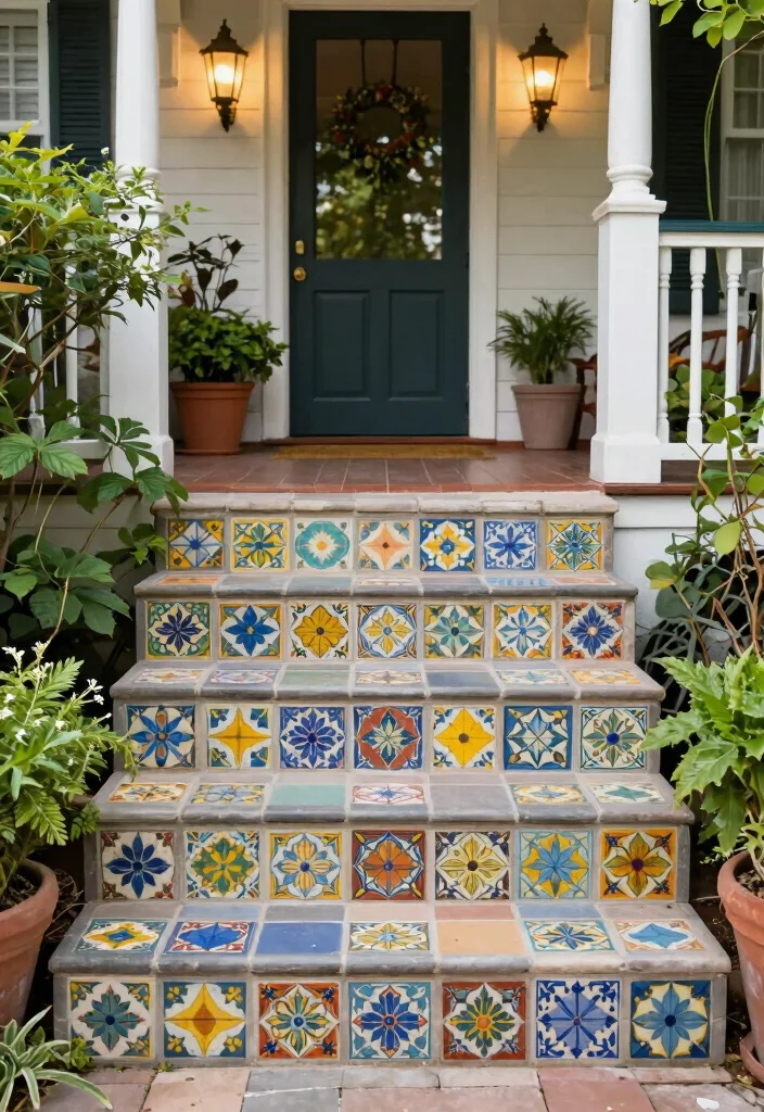 16 Front Porch Steps Ideas That Boost Curb Appeal - 12. Vintage Tile Steps 1