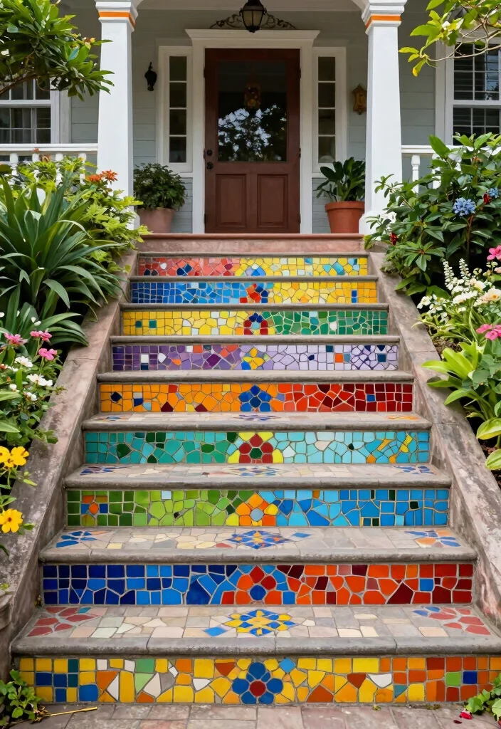 16 Front Porch Steps Ideas That Boost Curb Appeal - 16. Colorful Mosaic Steps 1