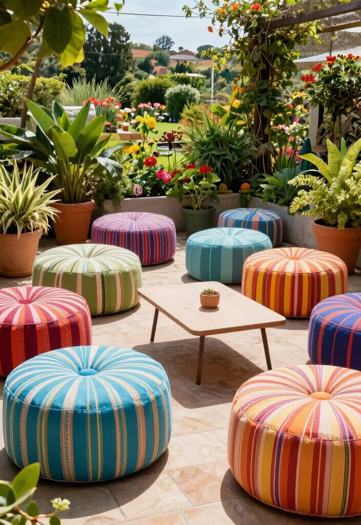 16 Terrace Furniture Ideas for a Chic Outdoor Lounge - 12. Colorful Outdoor Poufs 1