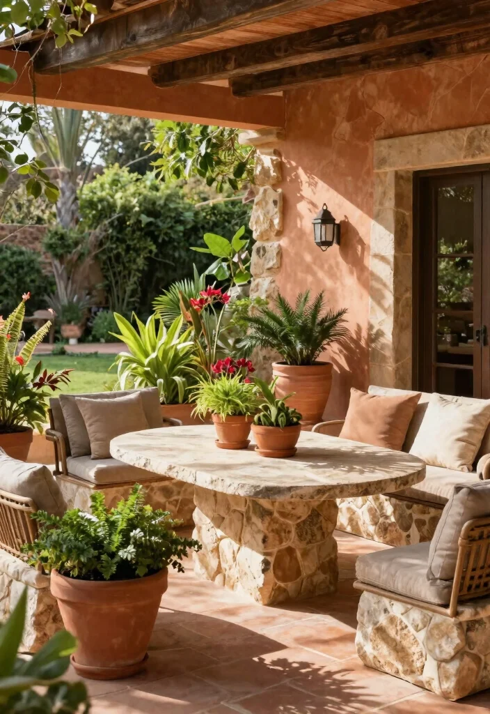 16 Terrace Furniture Ideas for a Chic Outdoor Lounge - 13. Terracotta and Natural Stone Accents 1