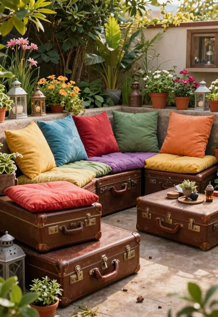 17 Outdoor Seating Ideas for Stylish Relaxing Spaces 3 17 Outdoor Seating Ideas for Stylish Relaxing Spaces - 3. Vintage Suitcase Seating 1