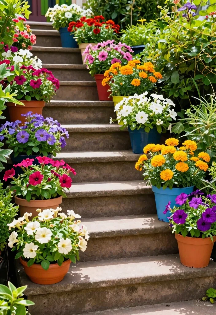 18 Container Flower Garden Ideas That Bloom Beautifully - 14. Colorful Garden Steps 1