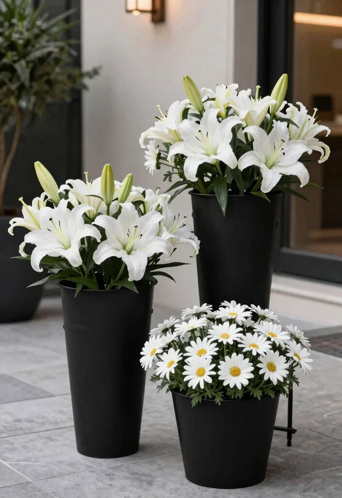 18 Container Flower Garden Ideas That Bloom Beautifully - 18. Minimalist Black and White 1