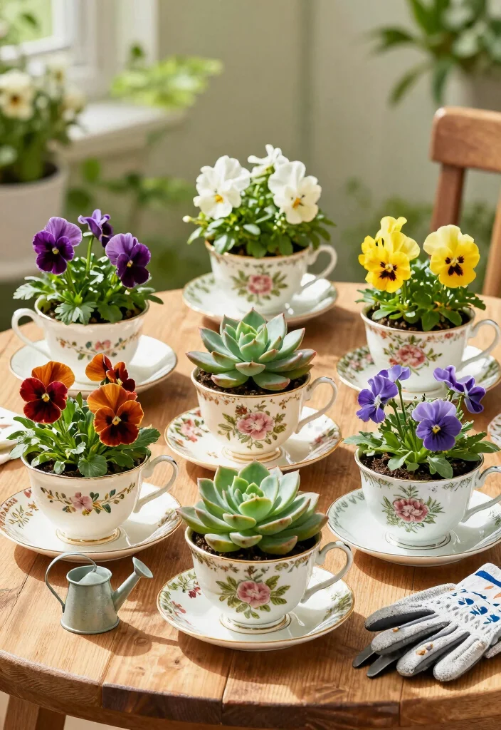 18 Container Flower Garden Ideas That Bloom Beautifully - 2. Vintage Tea Cup Garden 1