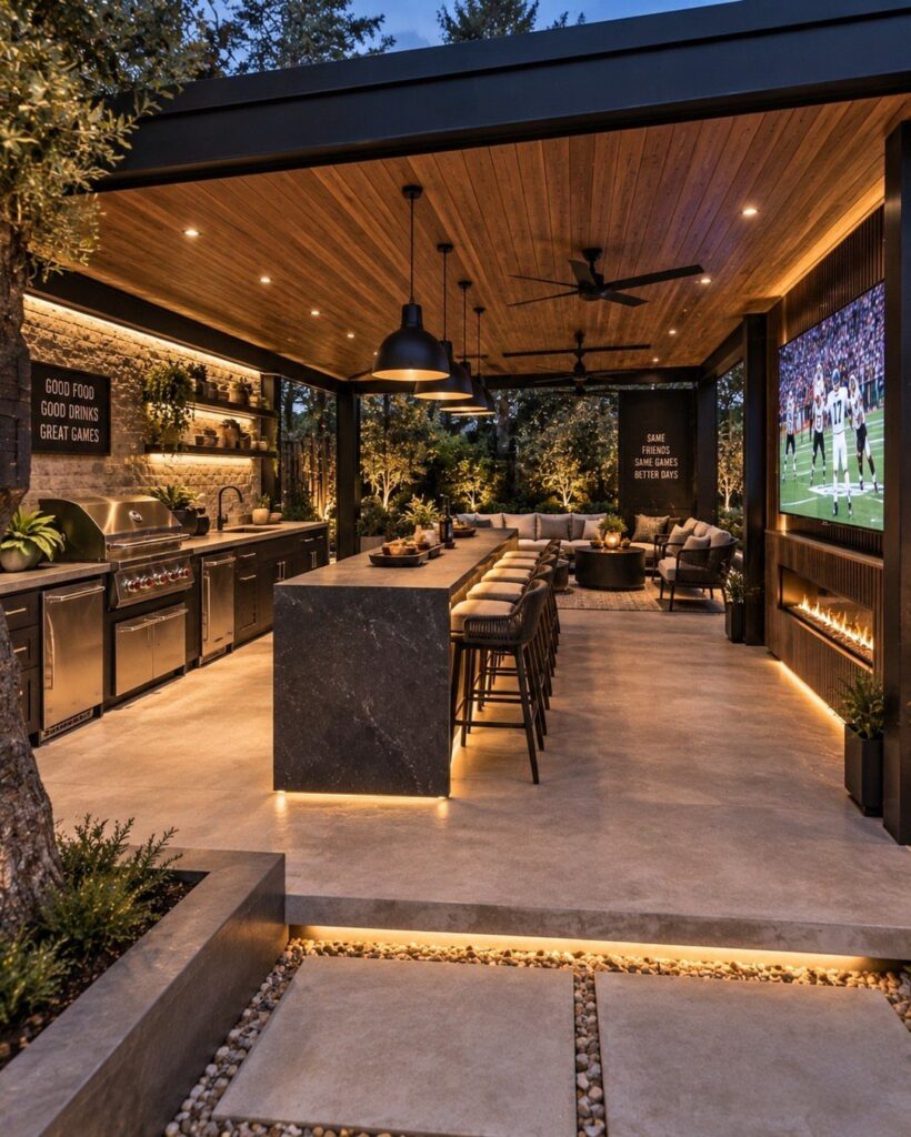 Modern outdoor kitchen with a long dark stone island, bar stools, and stainless steel appliances.