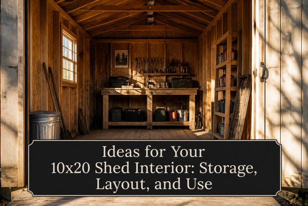 Interior view of a 10x20 shed with wooden framework and open space.
