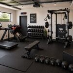 Modern home gym equipment including a treadmill, weight bench, and dumbbells on a black floor.