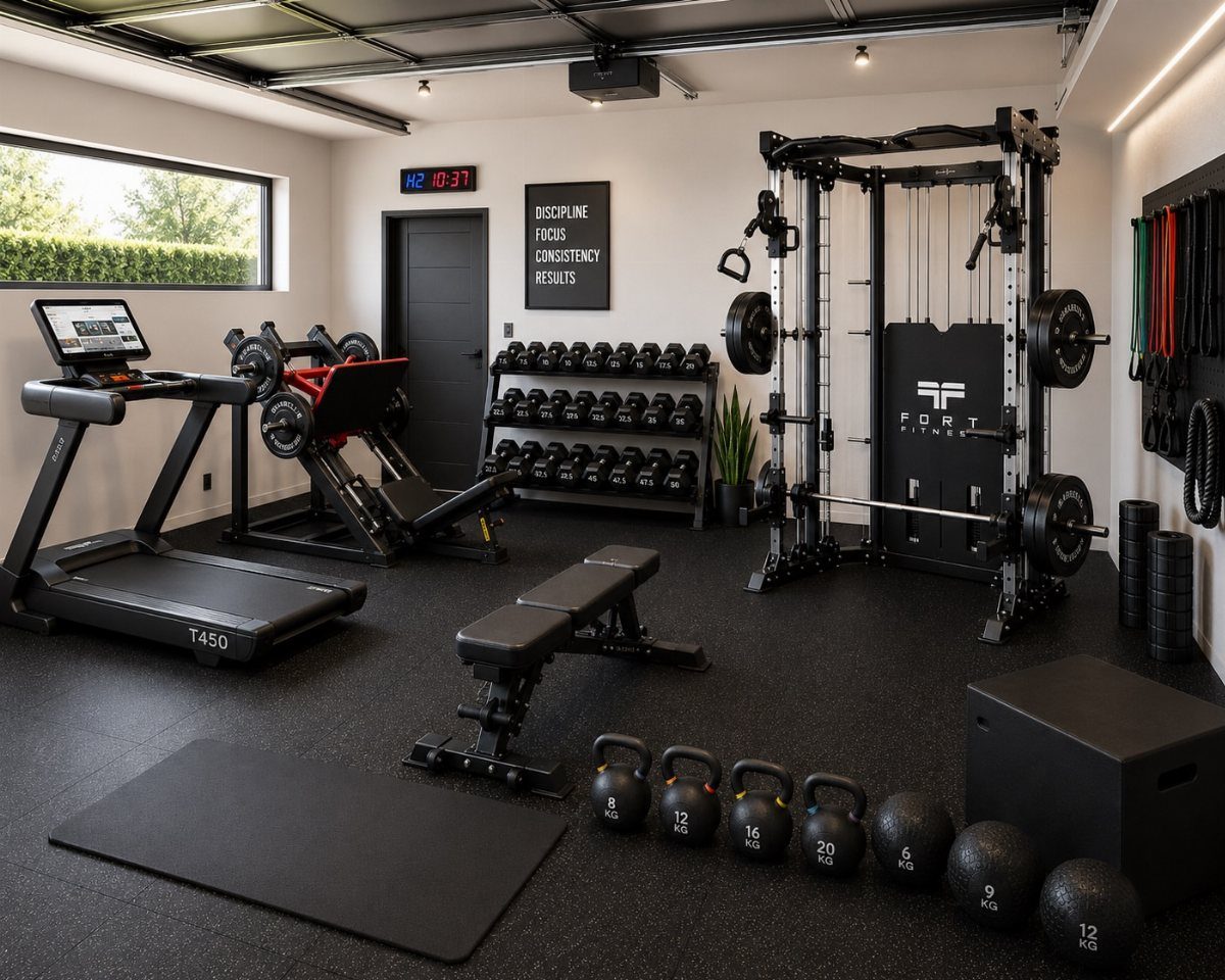 Modern home gym equipment including a treadmill, weight bench, and dumbbells on a black floor.