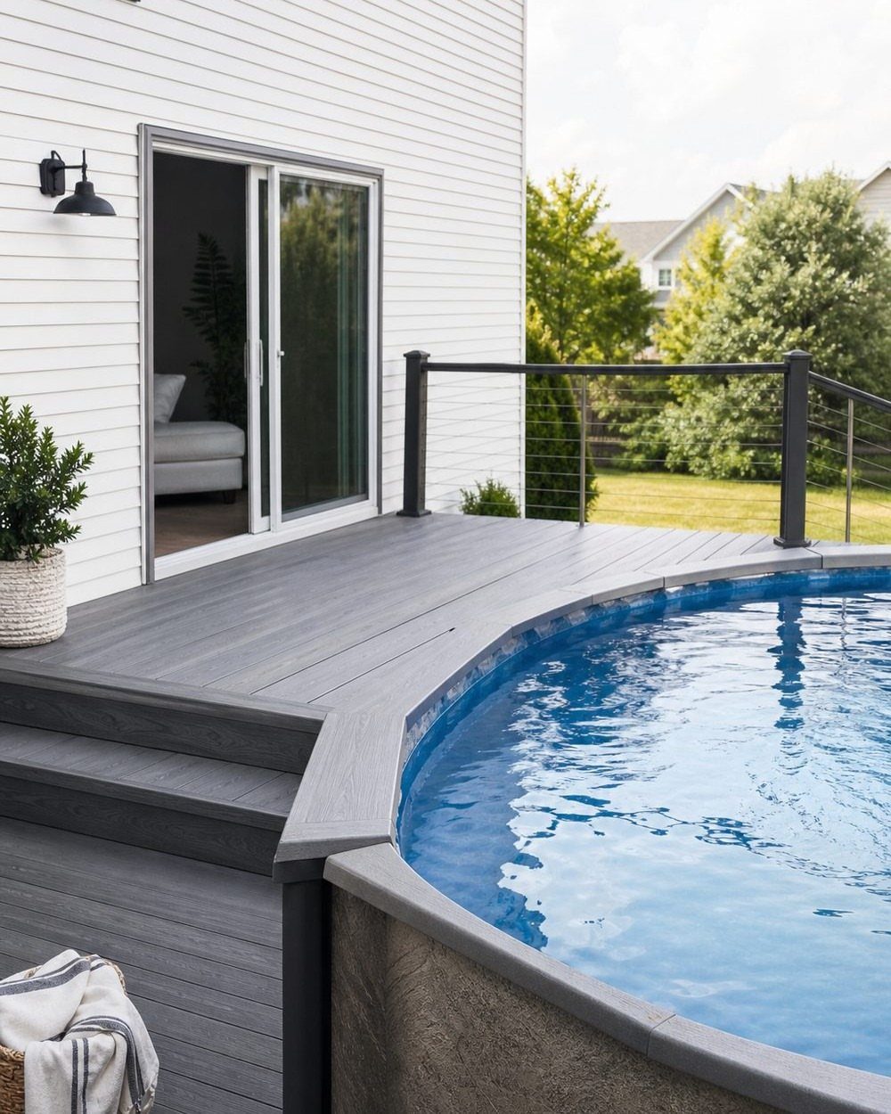 Grey composite wood deck built around a blue above-ground pool next to a white house.